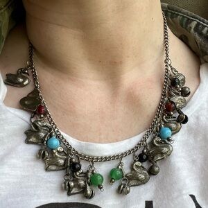 Vintage Tribal Silver Charm Statement Necklace with Multicolor Beads Swans